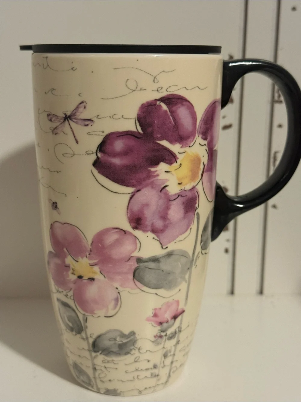 Cypress Home 17 Oz Ceramic Coffee Mug Floral Dragonfly Travel w/Lid